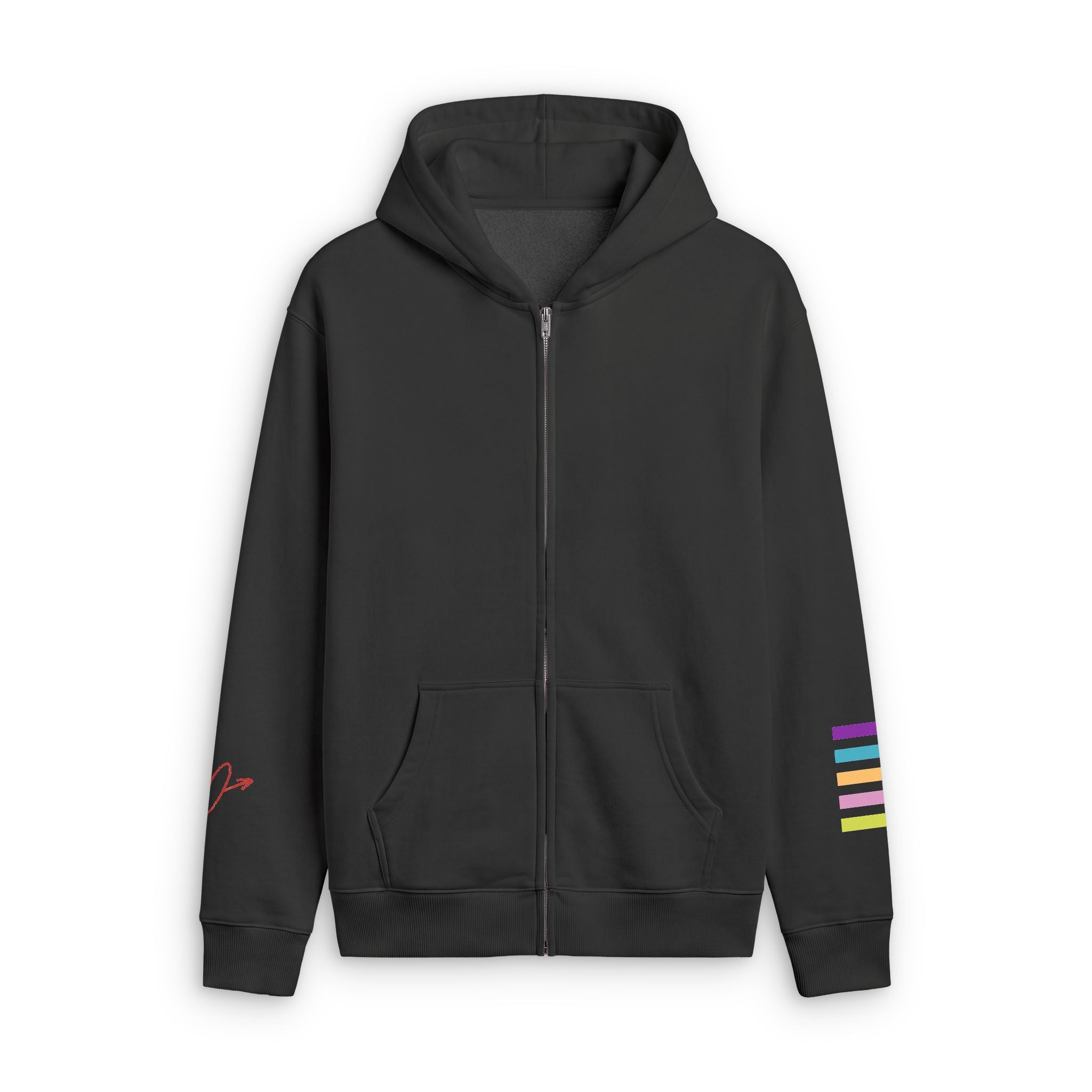 A black zip-up hoodie with a front kangaroo pocket, featuring a small red script logo on the left sleeve and four colorful horizontal stripes (purple, blue, green, yellow) on the right sleeve, shown against a plain white background.