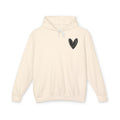 An off-white hooded sweatshirt with a small black hand-drawn heart on the left chest, displayed on a clean white background.