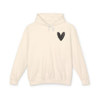 An off-white hooded sweatshirt with a small black hand-drawn heart on the left chest, displayed on a clean white background.