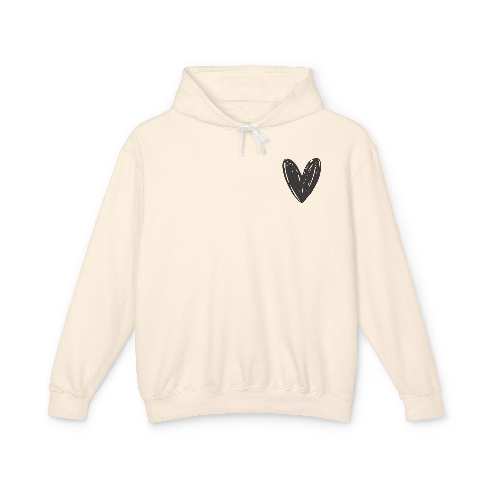 An off-white hooded sweatshirt with a small black hand-drawn heart on the left chest, displayed on a clean white background.