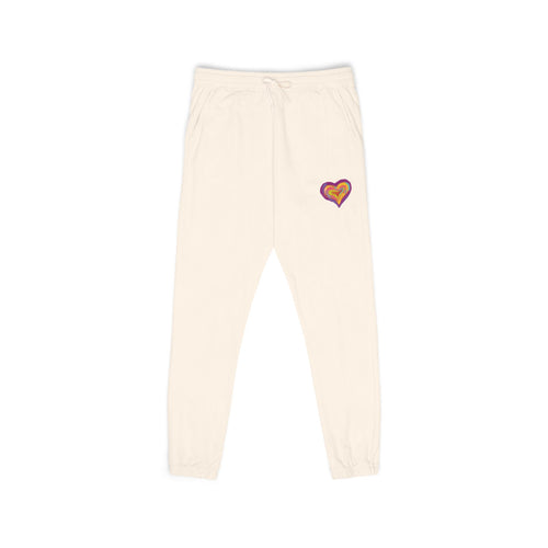 Beige sweatpants with a graphic design on a white background