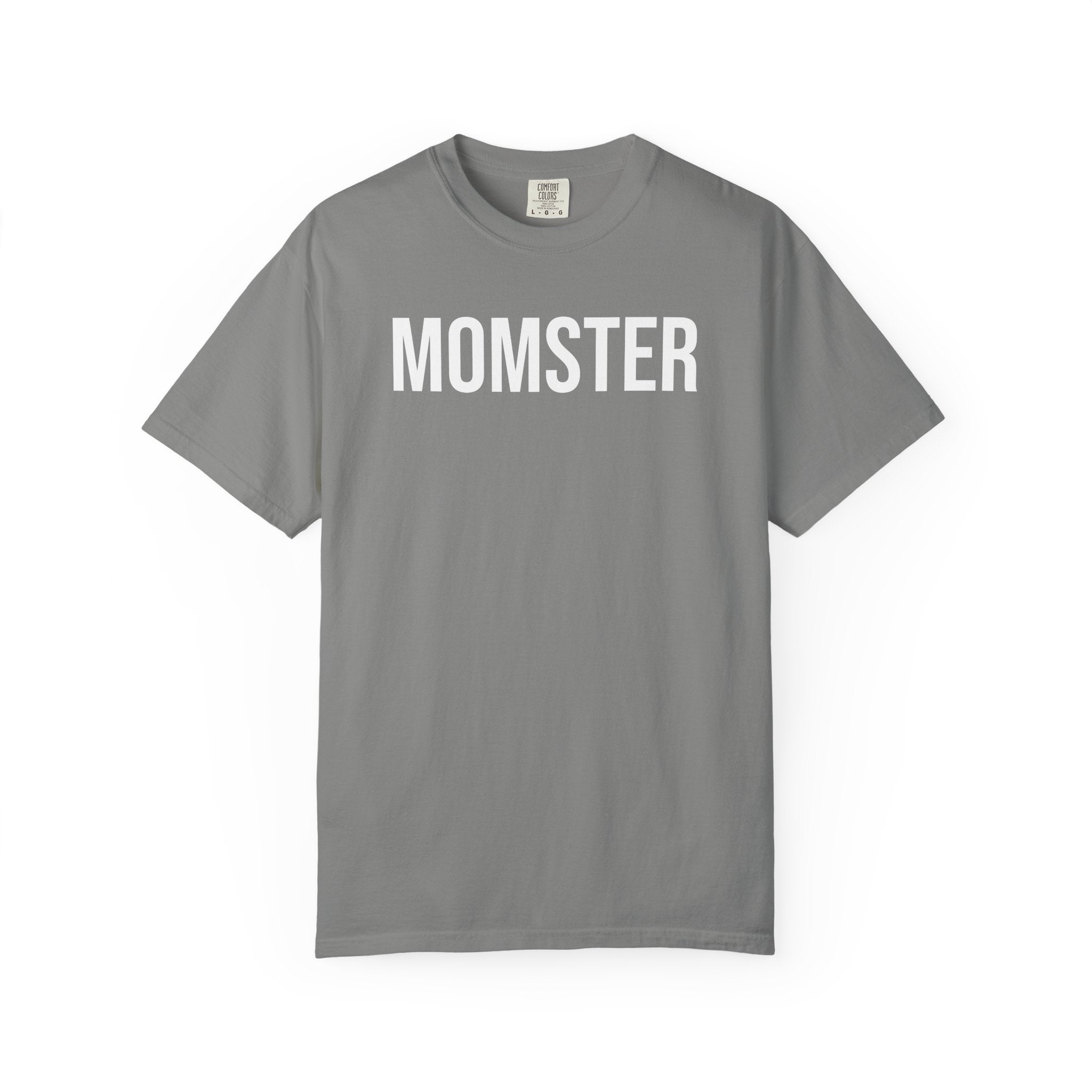 A gray short-sleeve crewneck t-shirt with the word 'MOMSTER' printed in bold white capital letters across the chest, displayed on a clean white background.