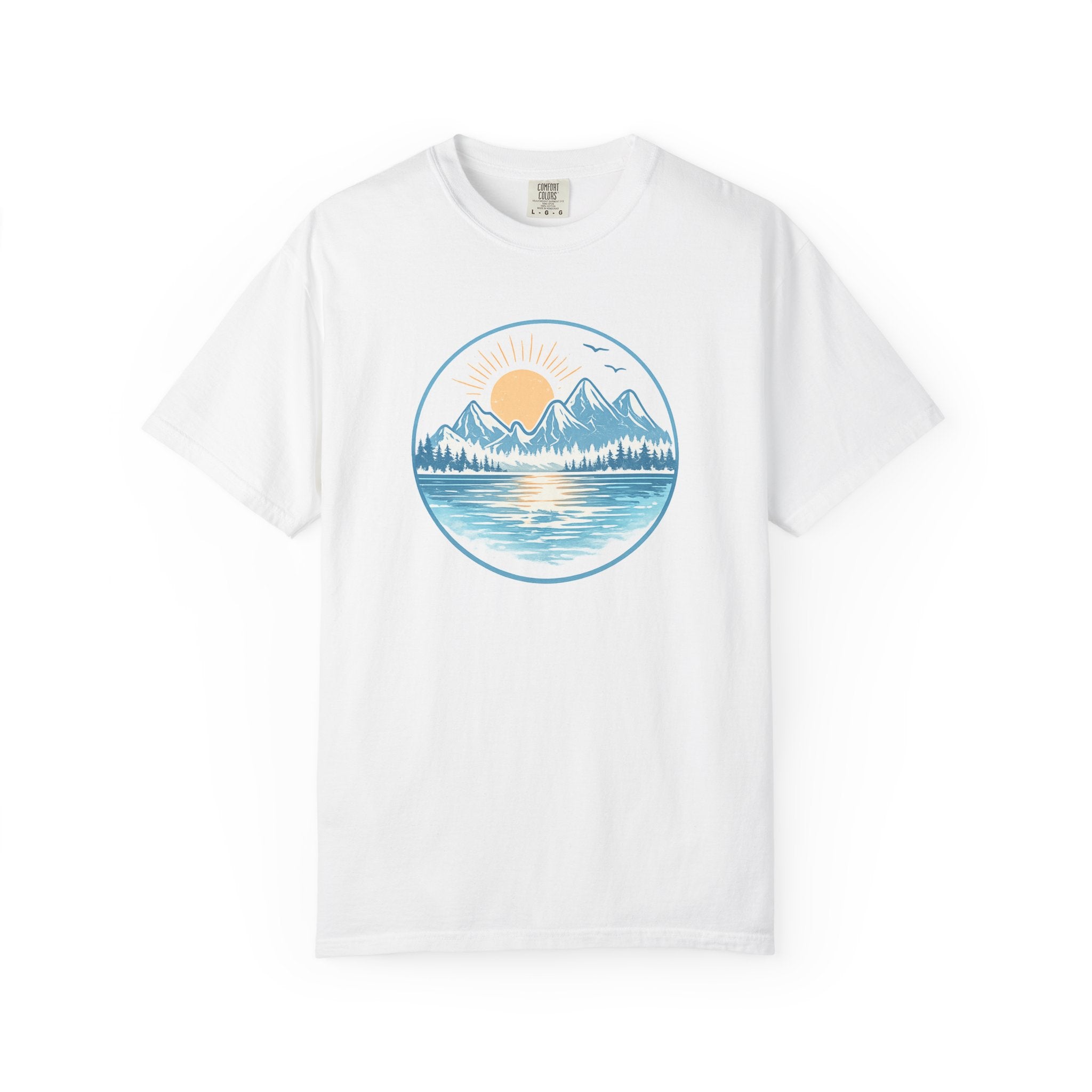 Sunset Mountain Lake T-Shirt- Blue Graphic Lake Tee