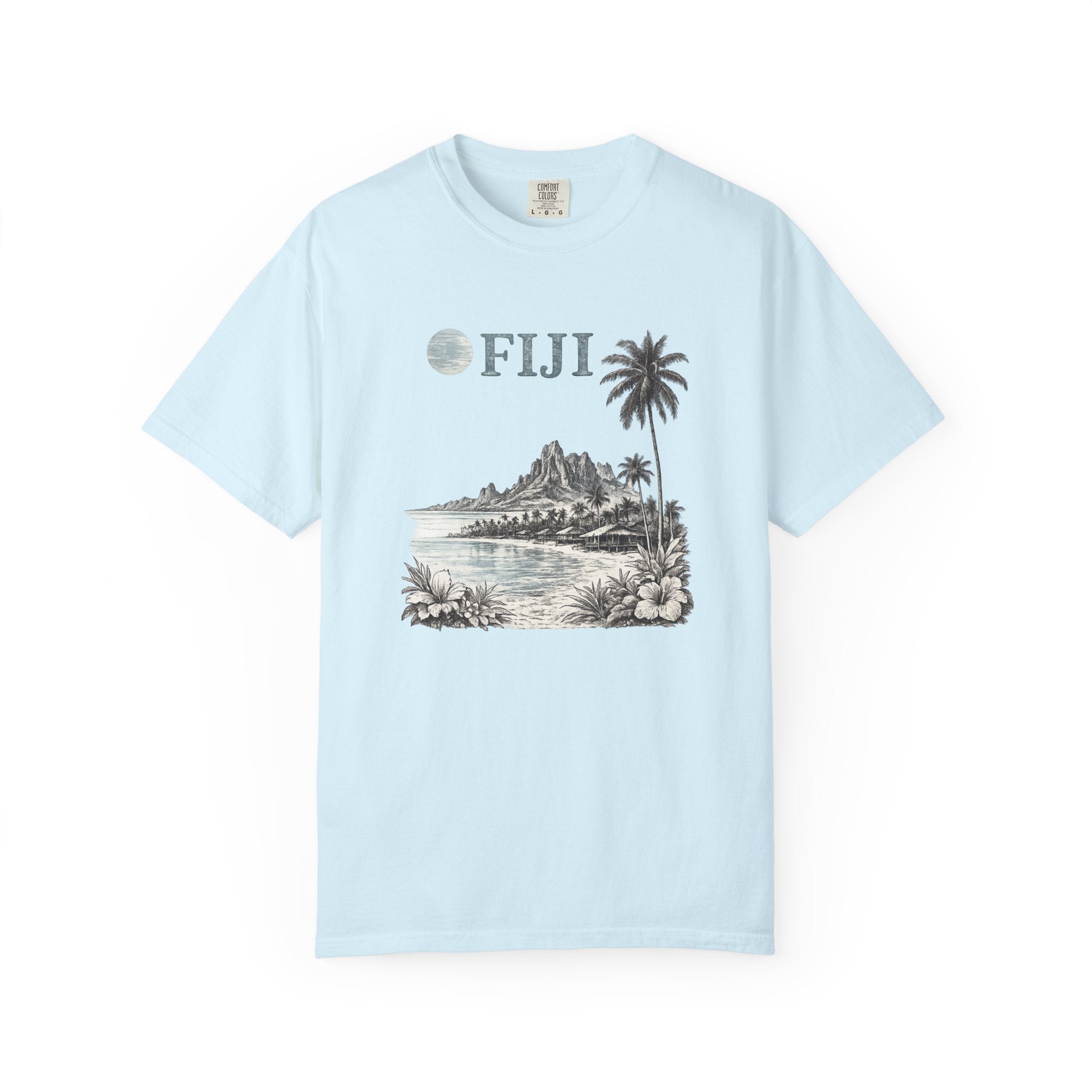 Light blue t-shirt with Fiji graphic design on a white background