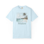 Light blue t-shirt with a tropical island graphic and 'Maldives' text on a white background