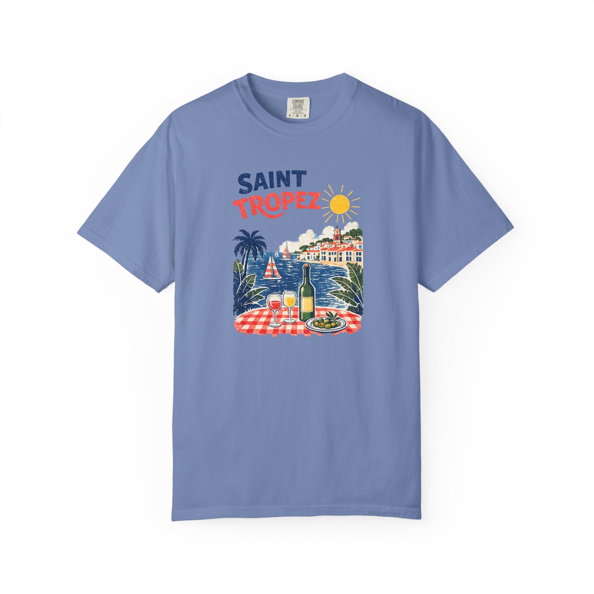 Blue t-shirt with 'Saint Tropez' graphic design on a white background