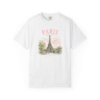 White t-shirt with Paris-themed graphic design on a white background