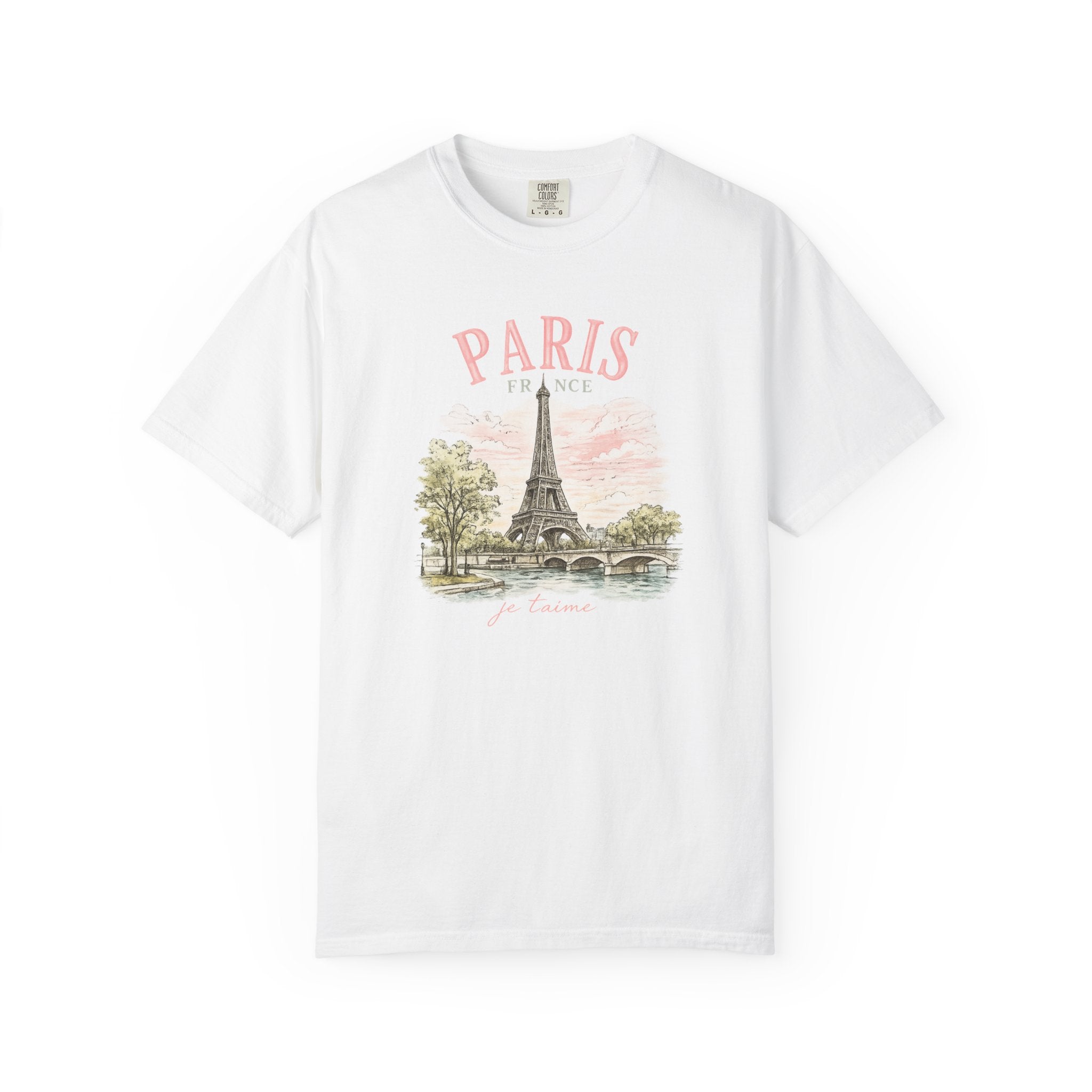White t-shirt with Paris-themed graphic design on a white background