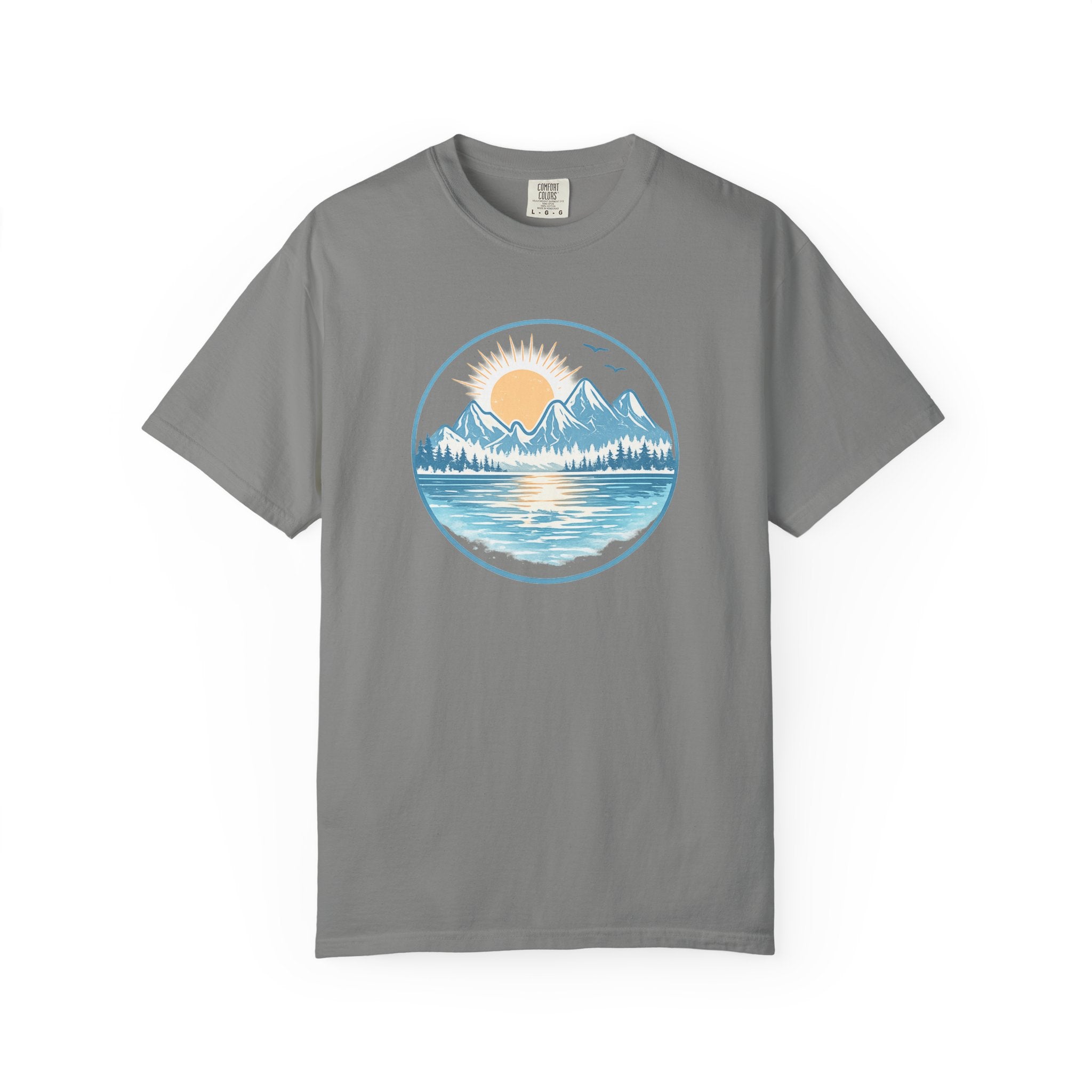 Sunset Mountain Lake T-Shirt- Blue Graphic Lake Tee