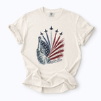 White t-shirt with a graphic design of an American flag and airplanes on a white background