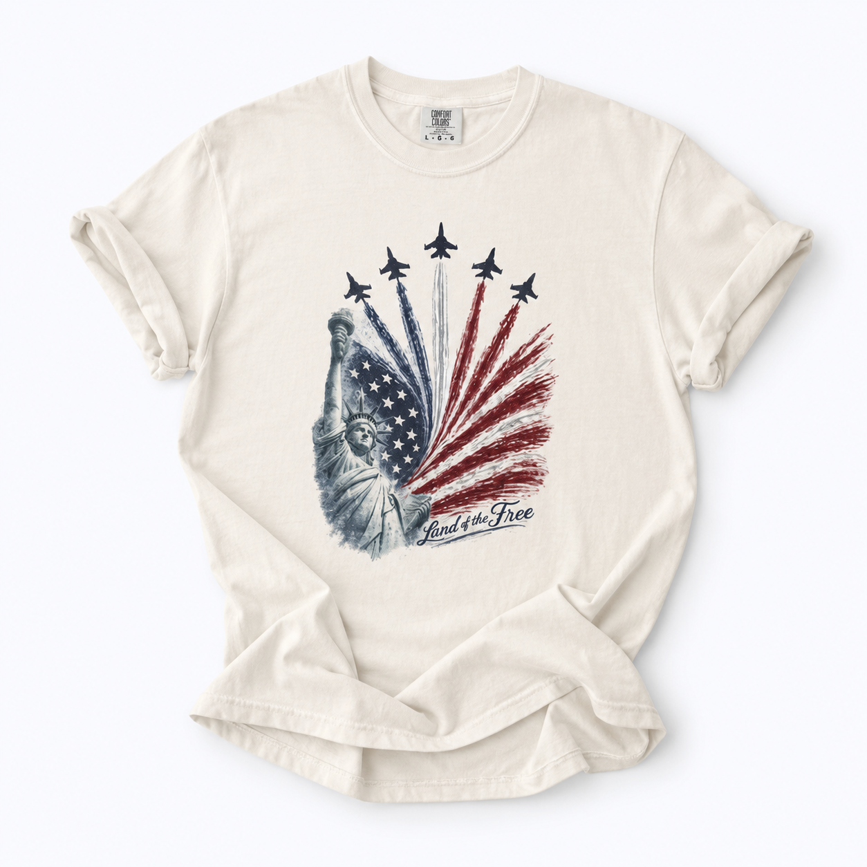 White t-shirt with a graphic design of an American flag and airplanes on a white background