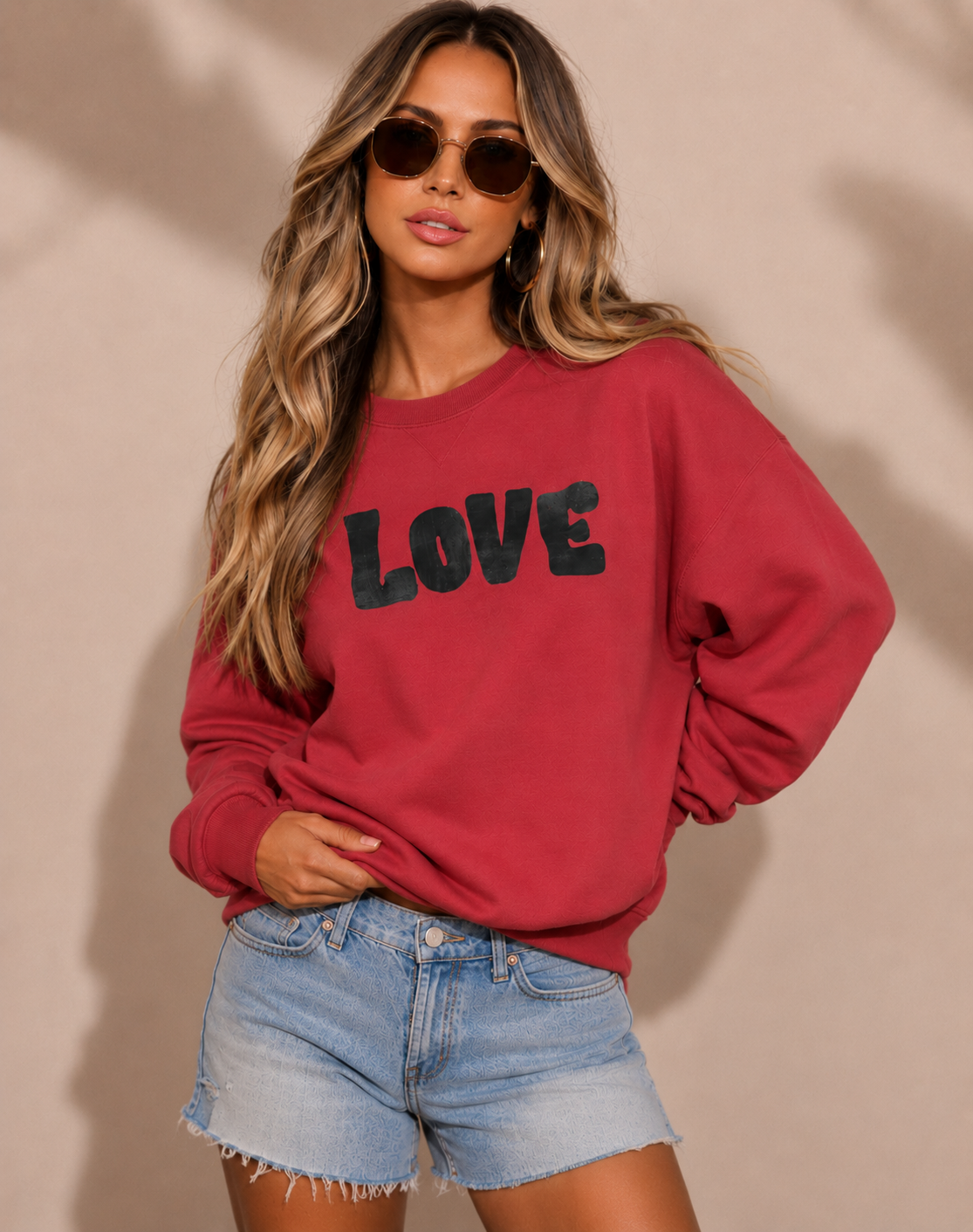 A woman modeling a red crewneck sweatshirt with the word 'LOVE' printed across the chest in black, paired with denim shorts and sunglasses, against a neutral beige background.