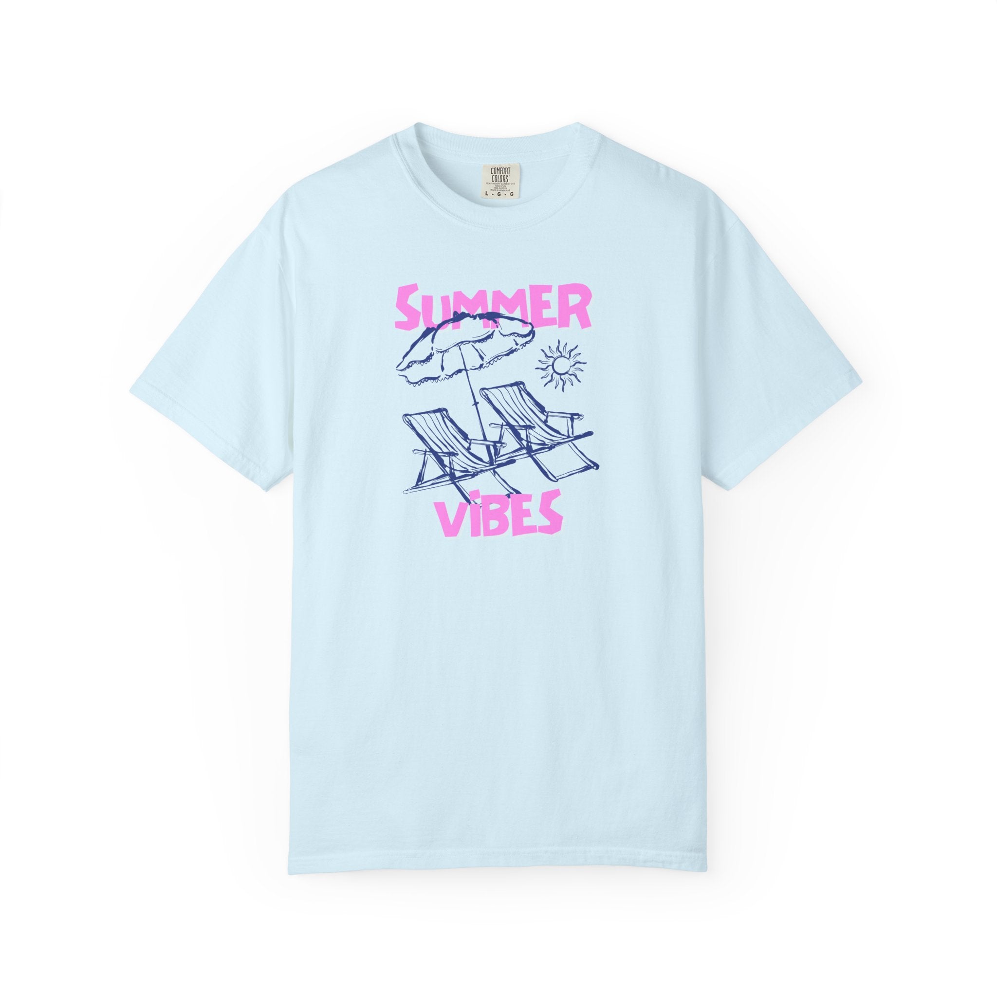 Light blue t-shirt with 'Summer Vibes' graphic design on a white background