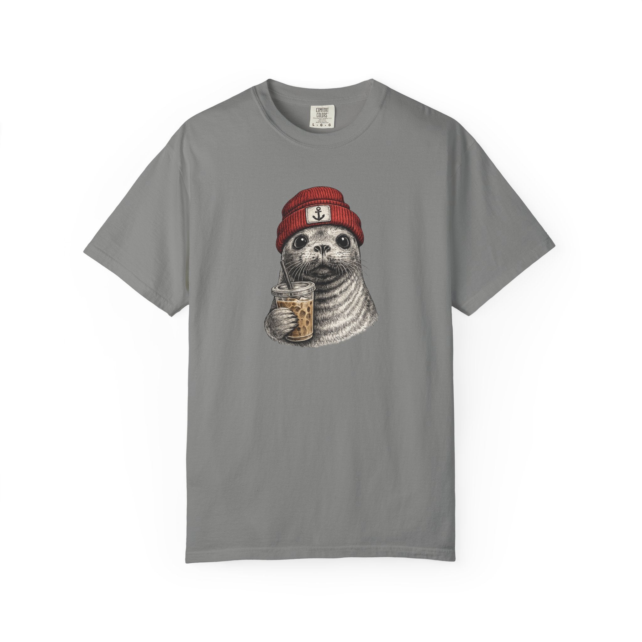 Seal in Beanie with Ice Coffee TShirt — Cute Seal Graphic T-Shirt