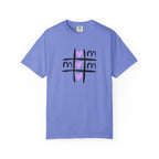 A light blue short-sleeve crewneck t-shirt featuring a black tic-tac-toe grid graphic on the chest with pink hearts in the center, displayed on a clean white background.