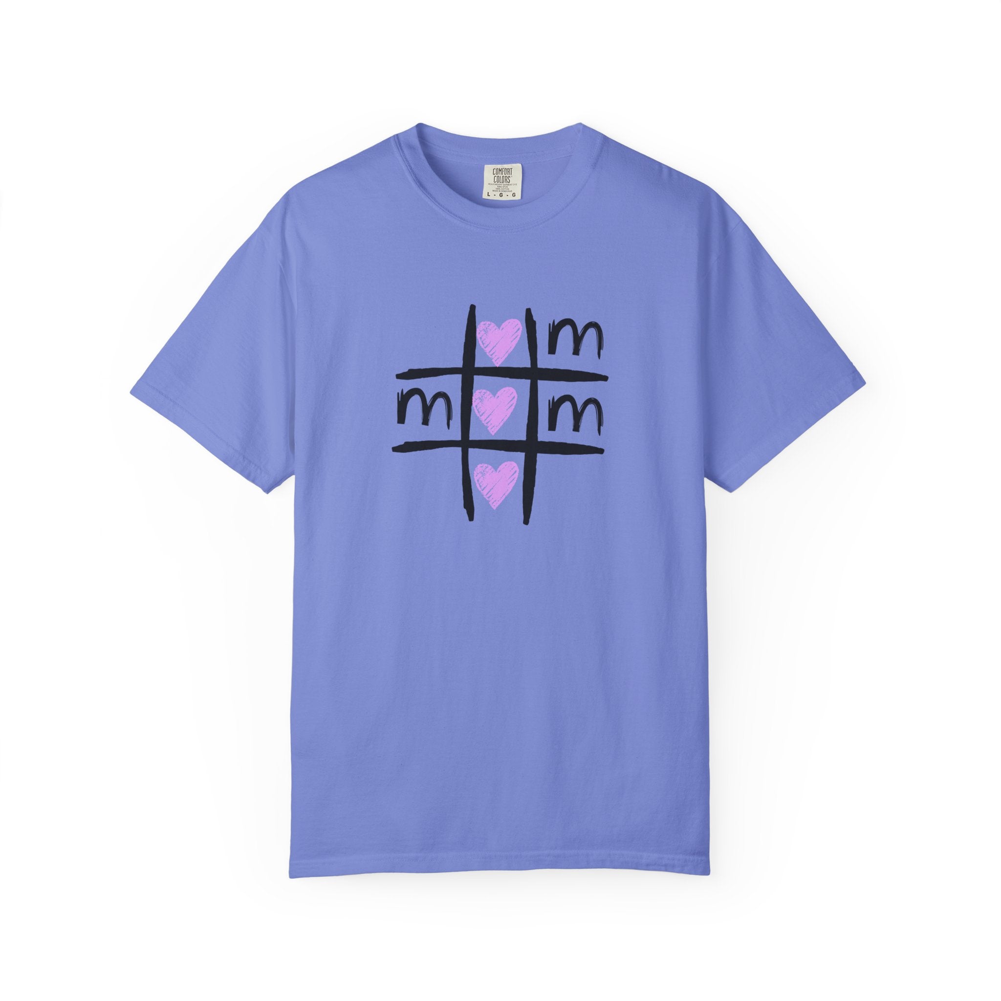 A light blue short-sleeve crewneck t-shirt featuring a black tic-tac-toe grid graphic on the chest with pink hearts in the center, displayed on a clean white background.