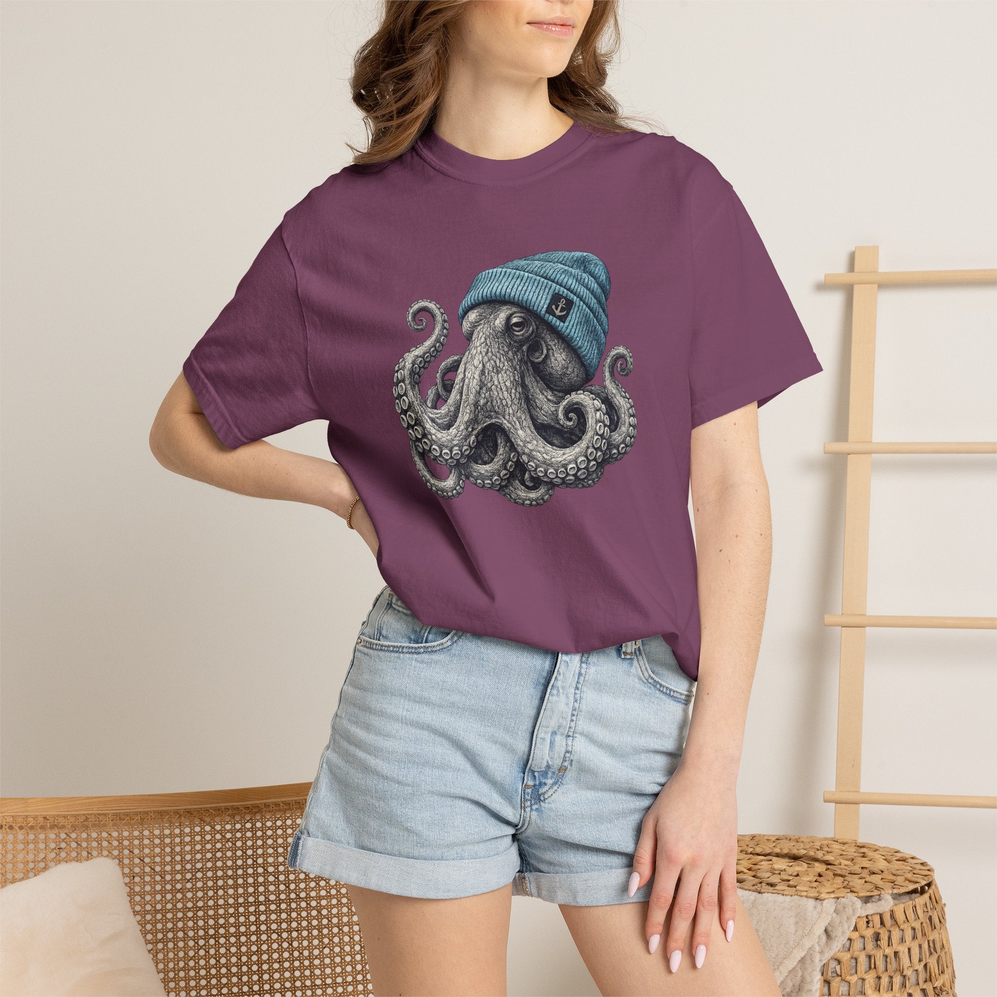 Octopus Blue Beanie T-Shirt — Ocean Life Graphic Tee