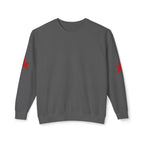 A dark gray crewneck sweatshirt with a small red embroidered star on each sleeve, displayed against a clean white background.