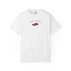 White t-shirt with red car graphic and text on a white background