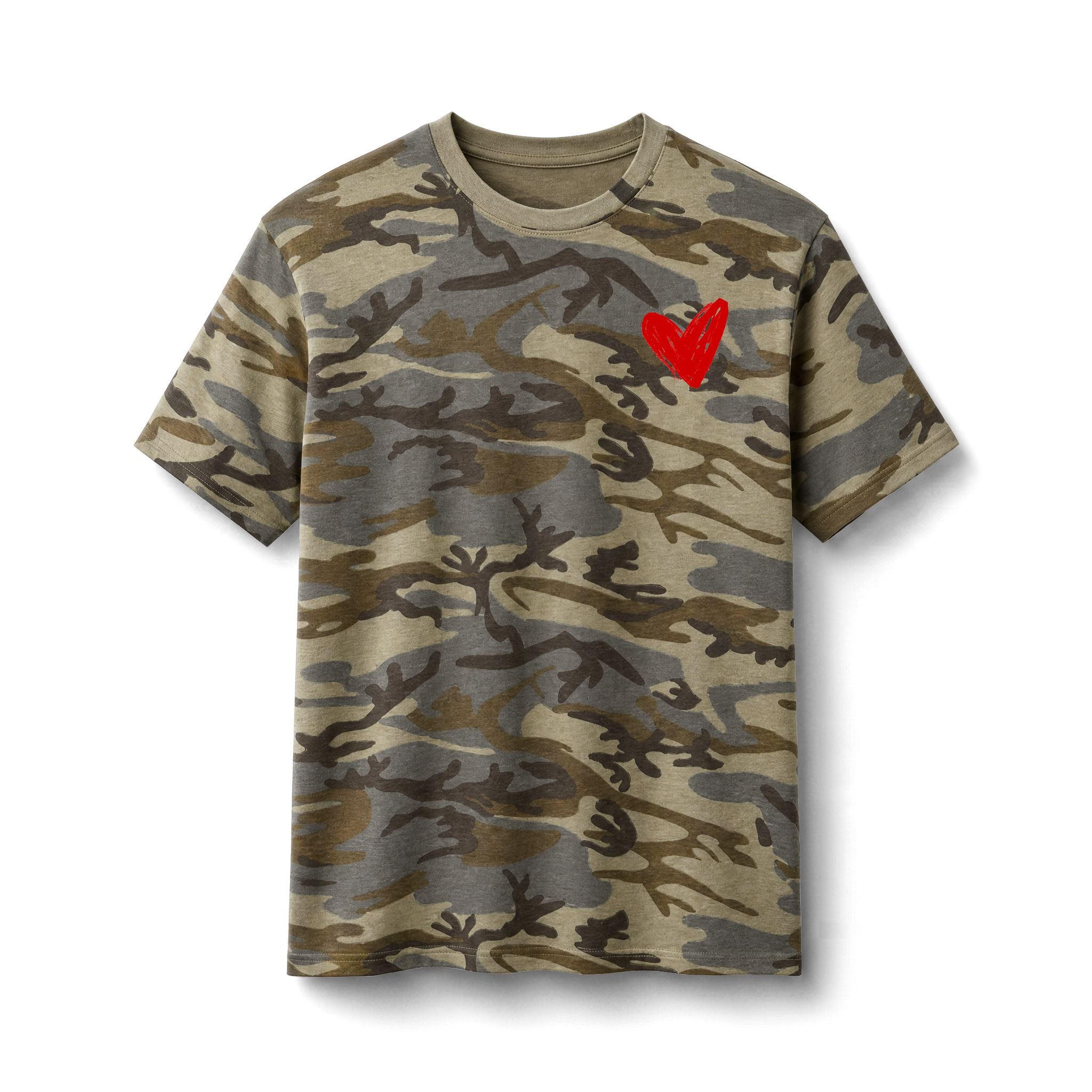 A short-sleeve crewneck t-shirt featuring a classic camouflage pattern in shades of beige, brown, and gray, with a small red heart graphic on the left chest, displayed against a clean white background.
