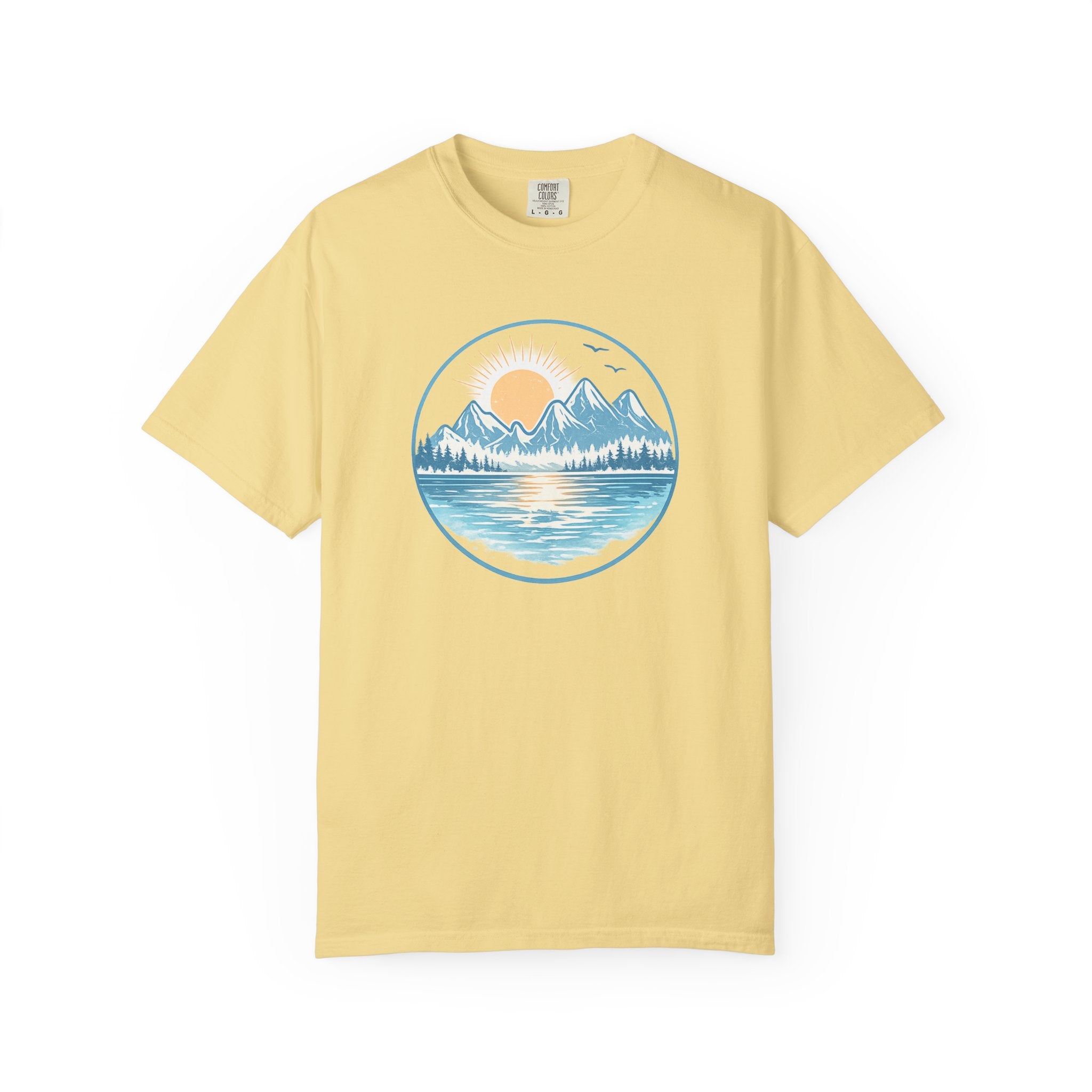 Sunset Mountain Lake T-Shirt- Blue Graphic Lake Tee