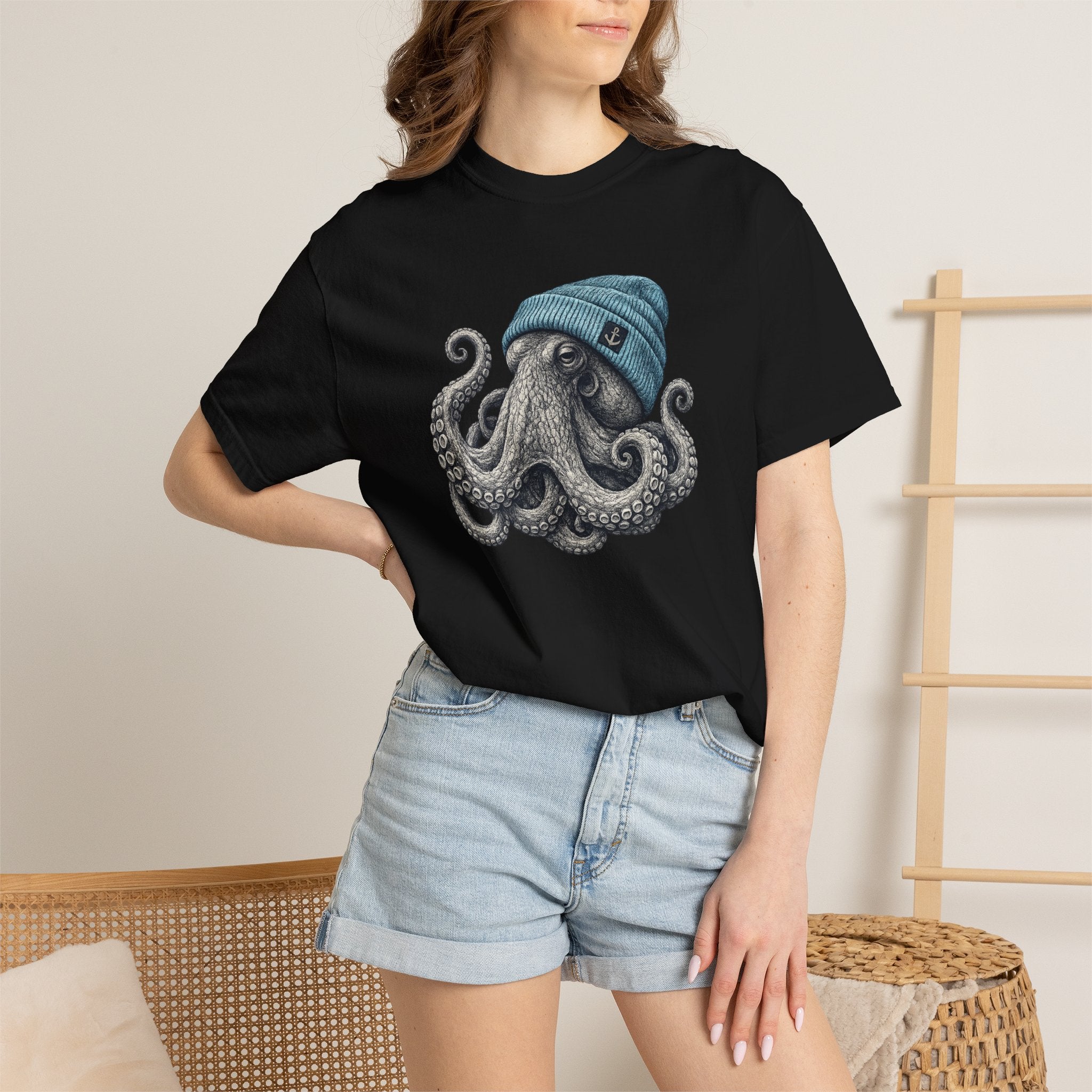 Octopus Blue Beanie T-Shirt — Ocean Life Graphic Tee