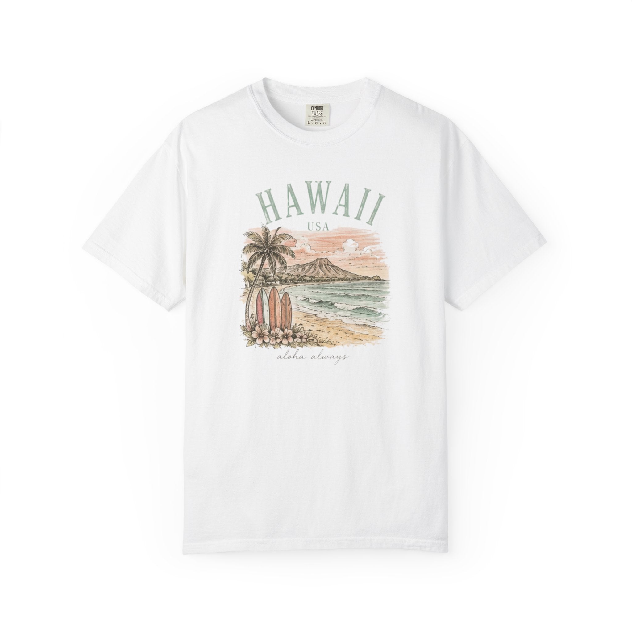 White t-shirt with Hawaii graphic design on a white background