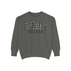 A dark gray crewneck sweatshirt with 'SPOOKY SEASON' printed across the chest in a distressed gray-and-white plaid pattern, shown on a plain white background.