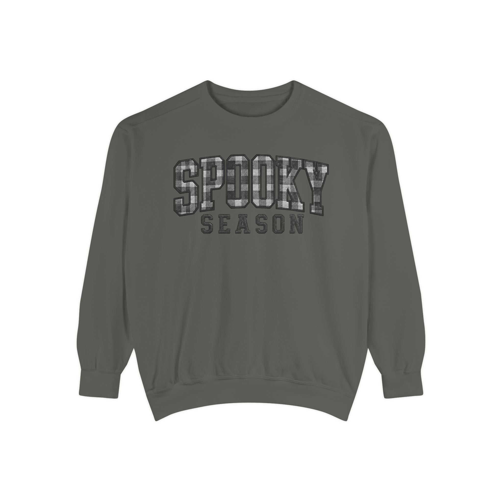 A dark gray crewneck sweatshirt with 'SPOOKY SEASON' printed across the chest in a distressed gray-and-white plaid pattern, shown on a plain white background.