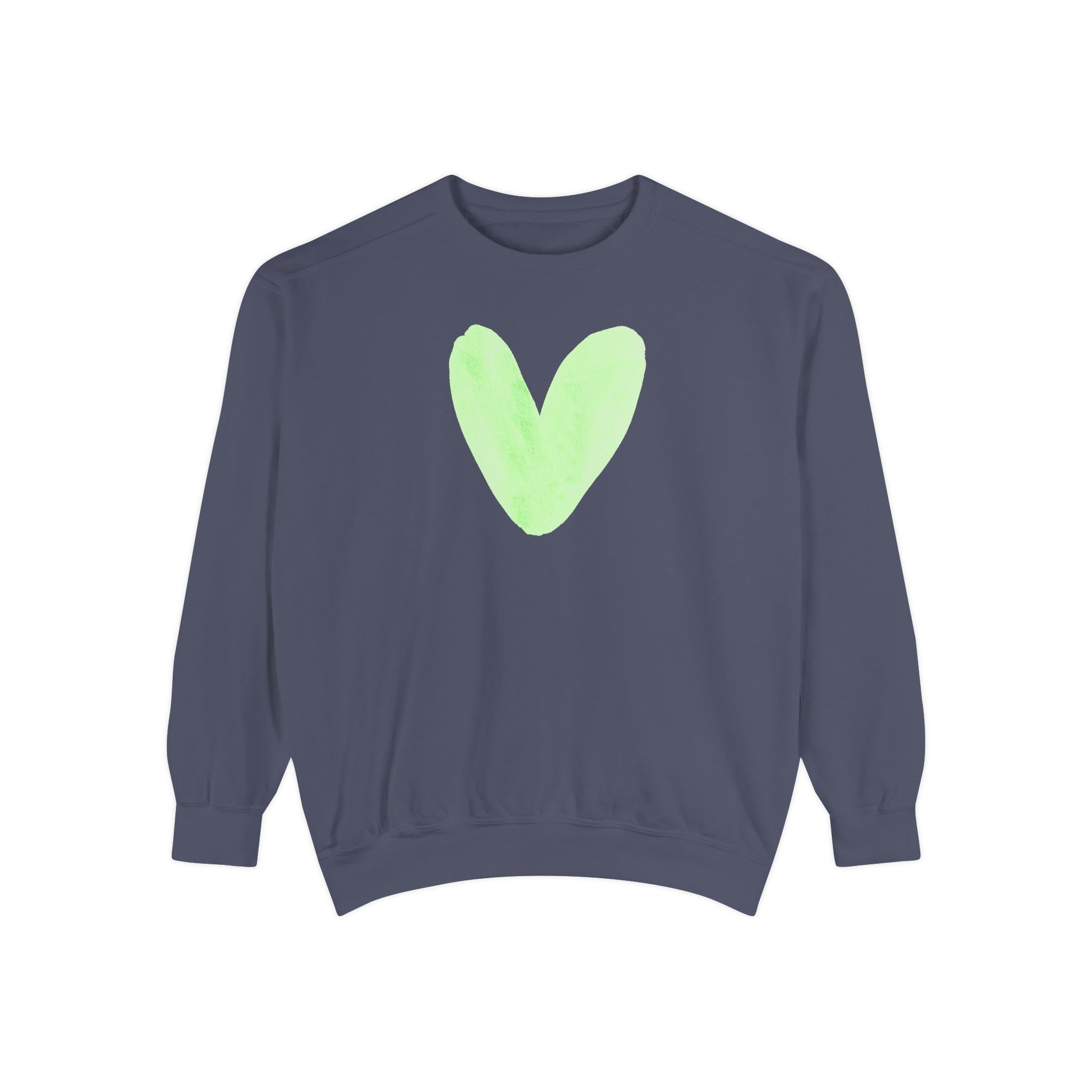 A dark slate blue crewneck sweatshirt featuring a light green watercolor heart printed on the chest, displayed against a solid white background.