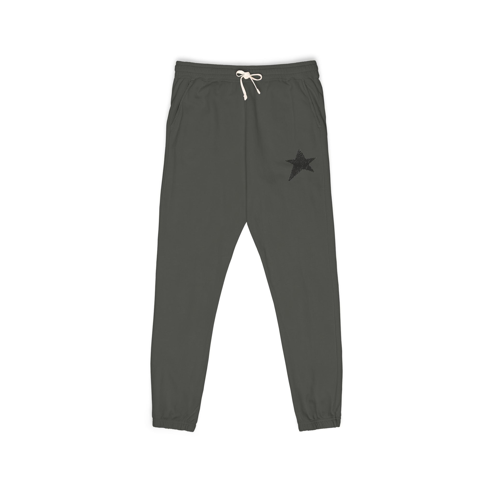 Dark gray sweatpants with a logo on a white background