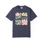 Navy blue t-shirt with floral design and 'Grandma' text on a white background