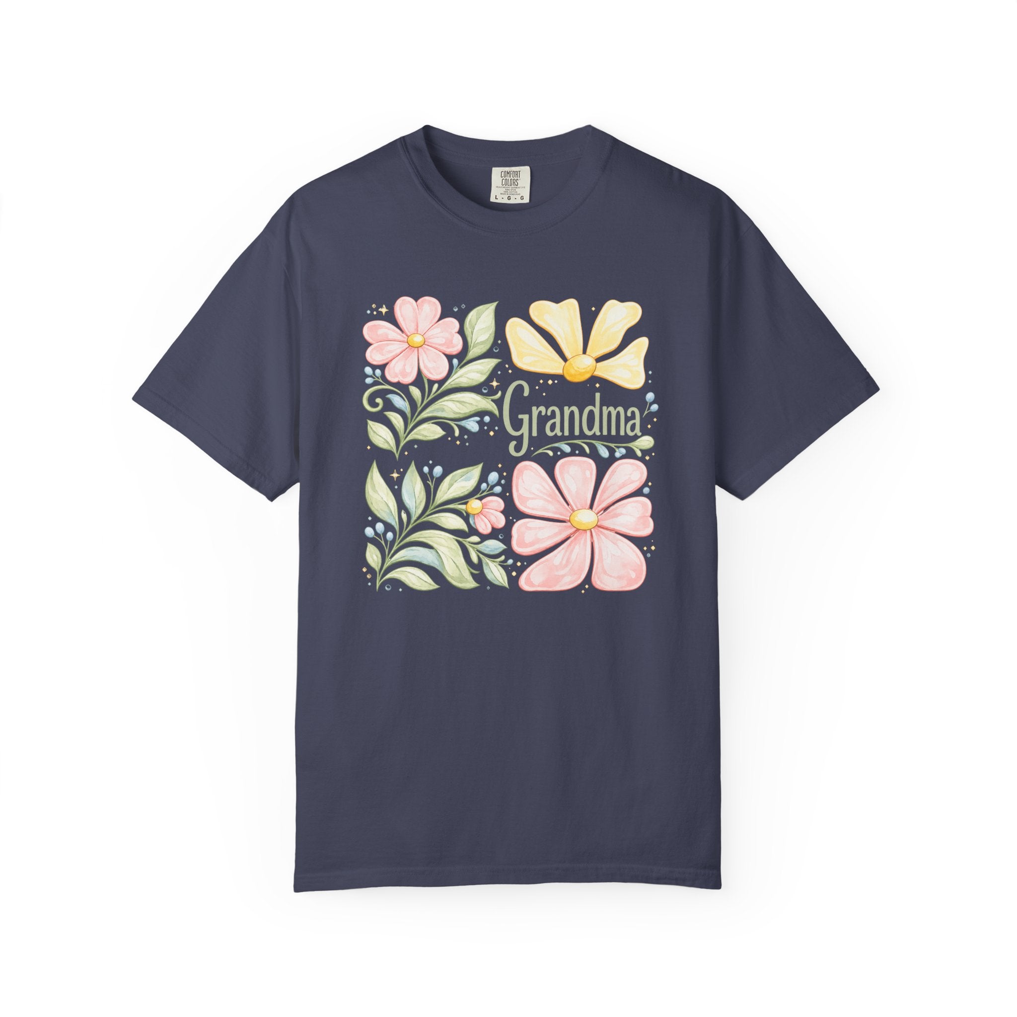 Navy blue t-shirt with floral design and 'Grandma' text on a white background