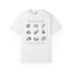 White t-shirt with shell graphics and text on a white background