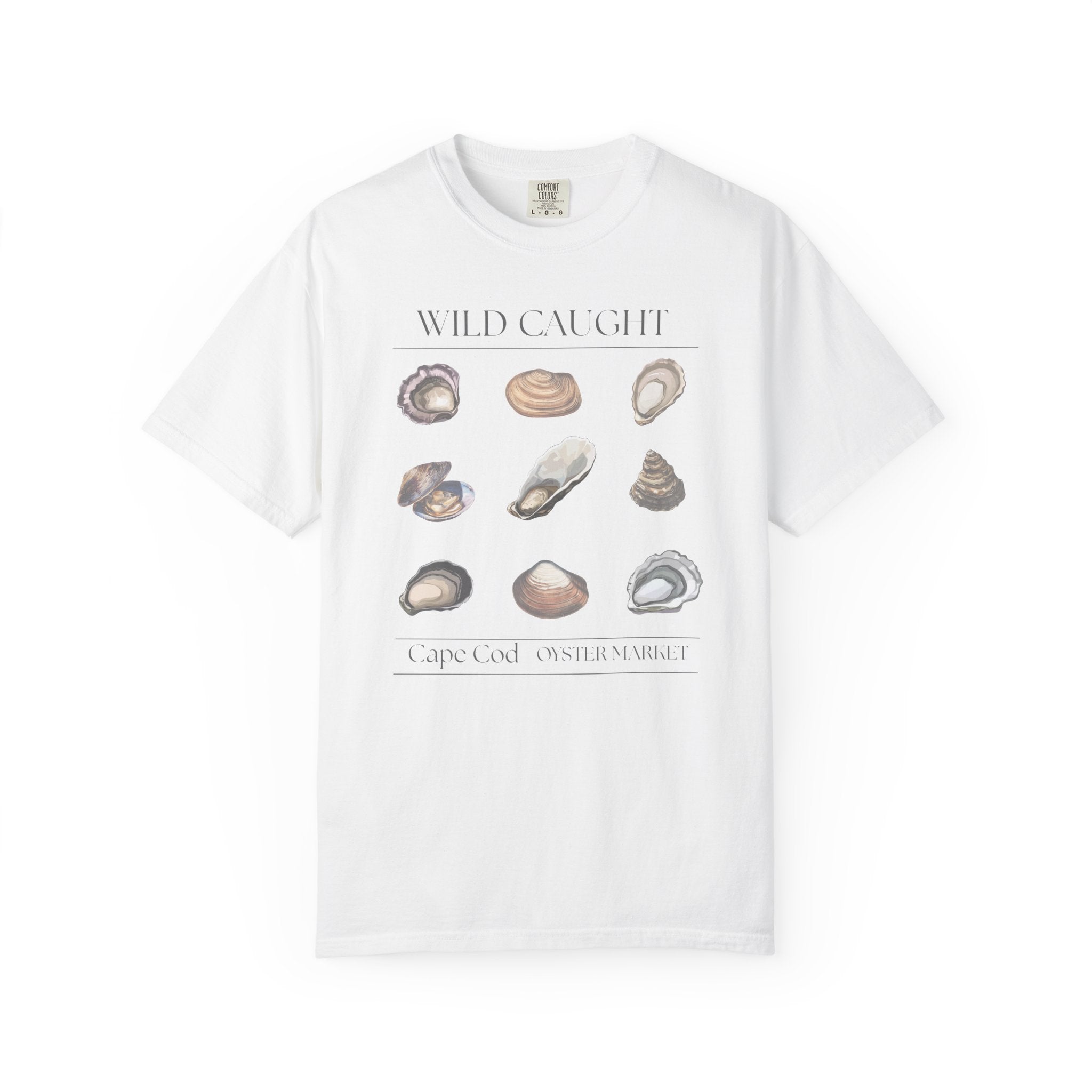 White t-shirt with shell graphics and text on a white background