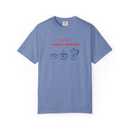 Teal t-shirt with 'movement is human' text and abstract design on a white background