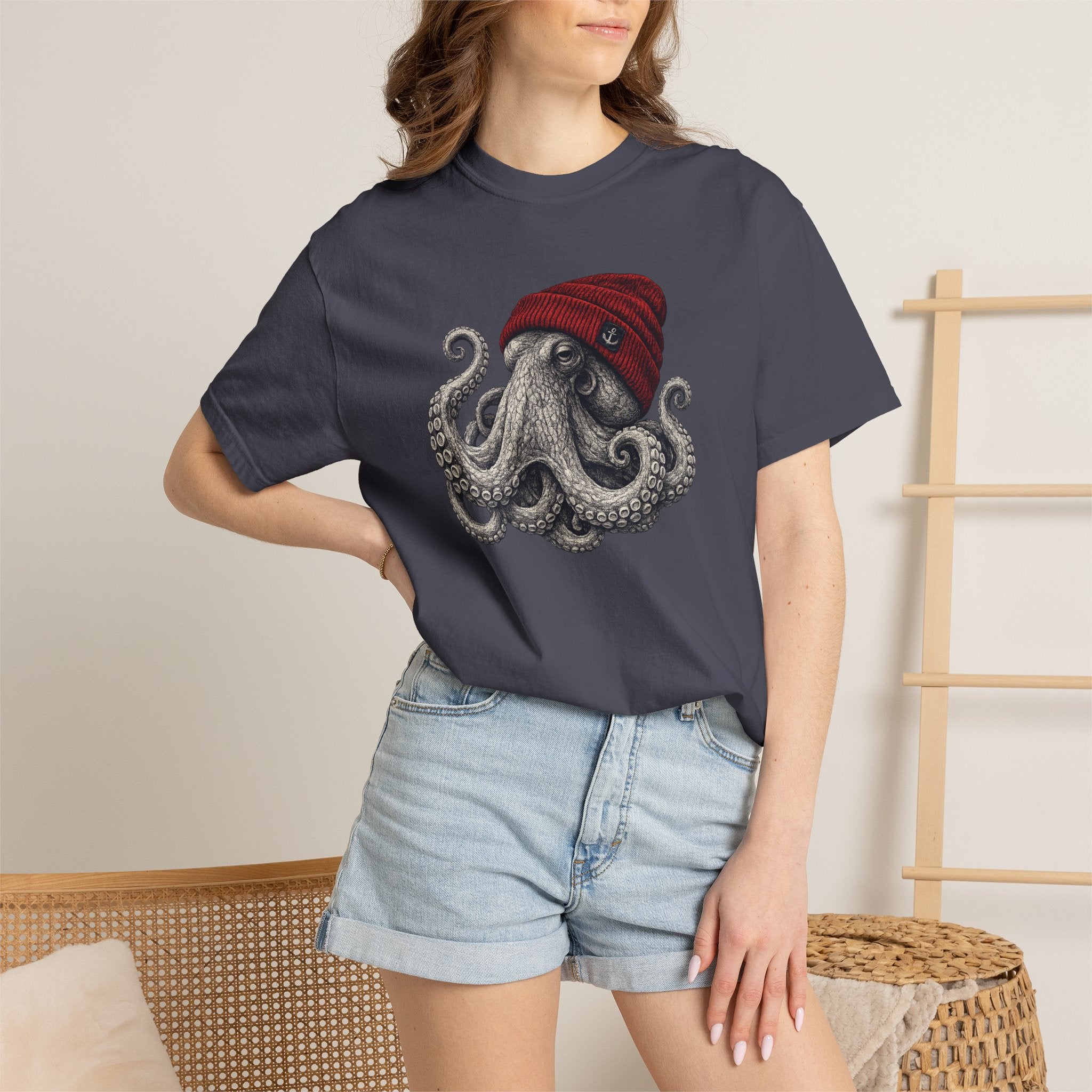 Octopus with Red Beanie T-shirt- Ocean Graphic Tshirt