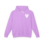A light purple pullover hoodie with a white hand-drawn heart graphic on the left chest, displayed on a clean white background.