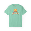 Mint green t-shirt with graphic design and text on a white background