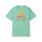 Mint green t-shirt with graphic design and text on a white background