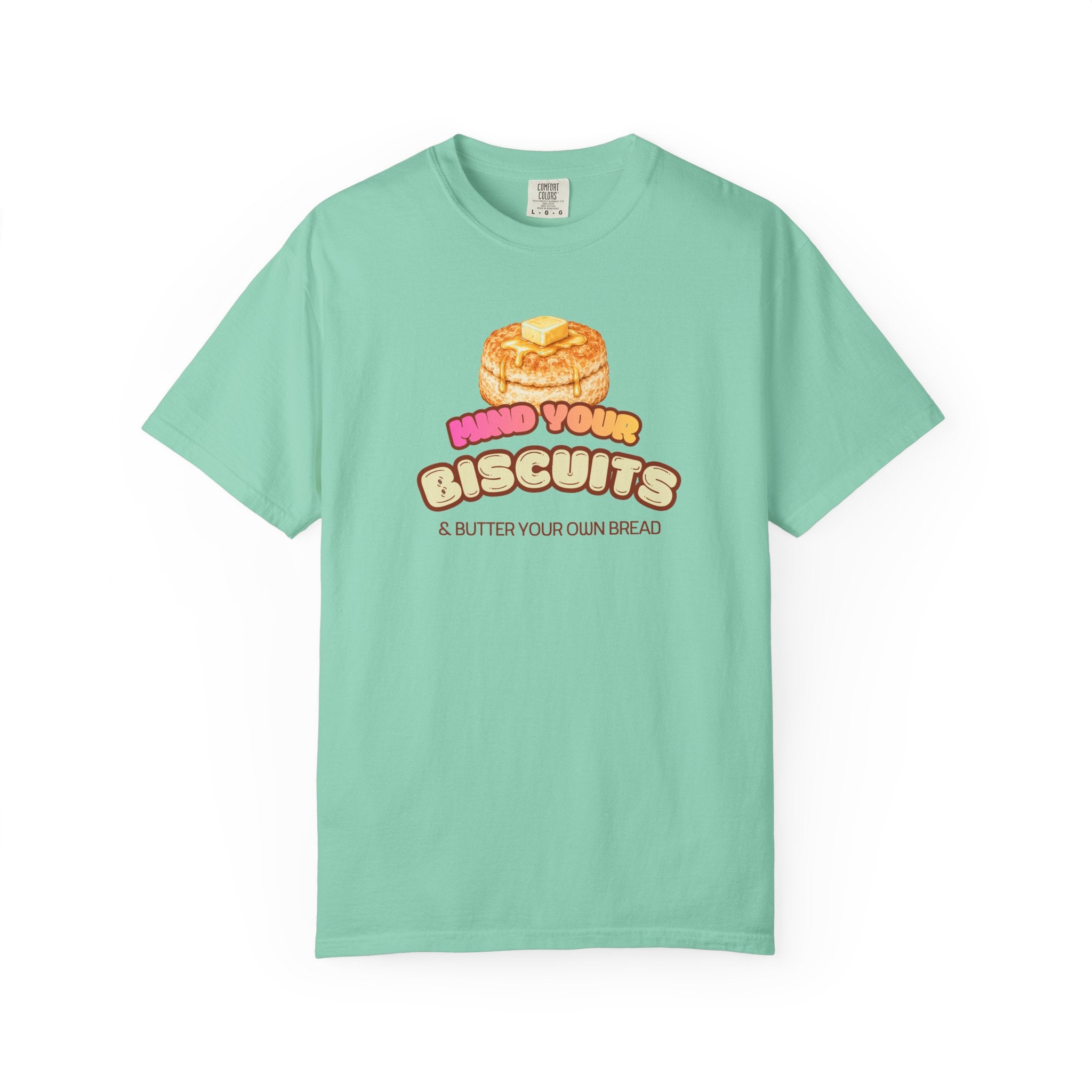 Mint green t-shirt with graphic design and text on a white background