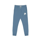 Dark gray sweatpants with a small graphic on a white background