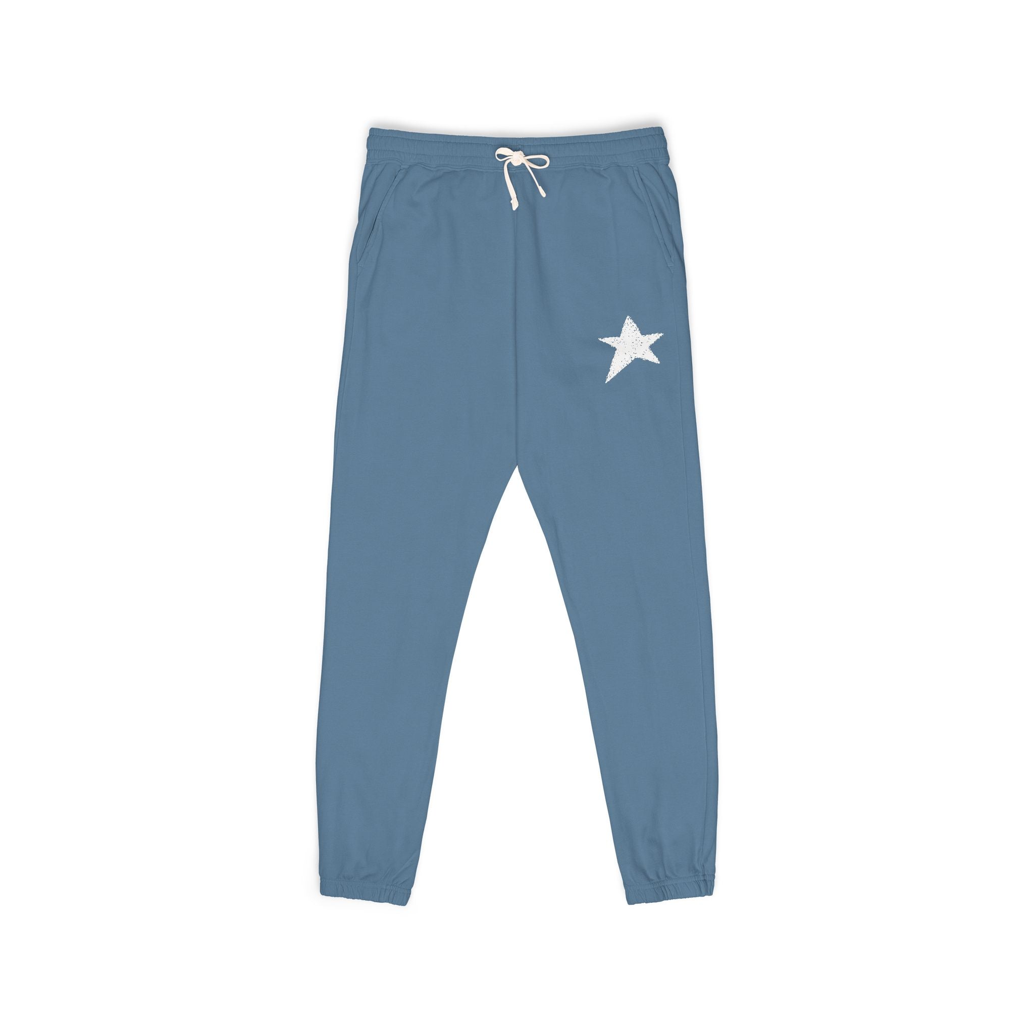 Dark gray sweatpants with a small graphic on a white background