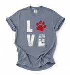 Gray t-shirt with 'LOVE' and a red paw print design on a white background