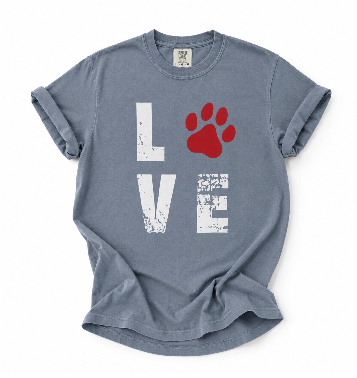 Gray t-shirt with 'LOVE' and a red paw print design on a white background