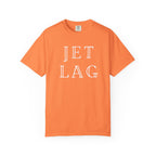 Orange t-shirt with 'JET LAG' text on a white background