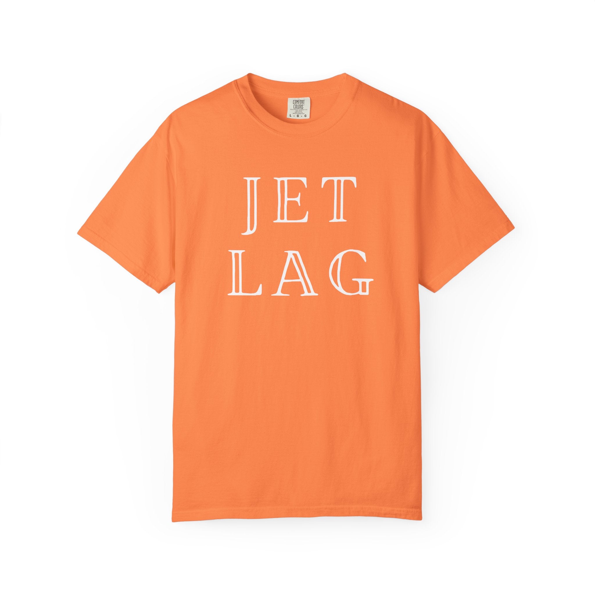 Orange t-shirt with 'JET LAG' text on a white background