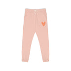 Light pink sweatpants with a small orange heart printed on the upper left thigh, featuring an elastic waistband with white drawstrings and elastic cuffs.