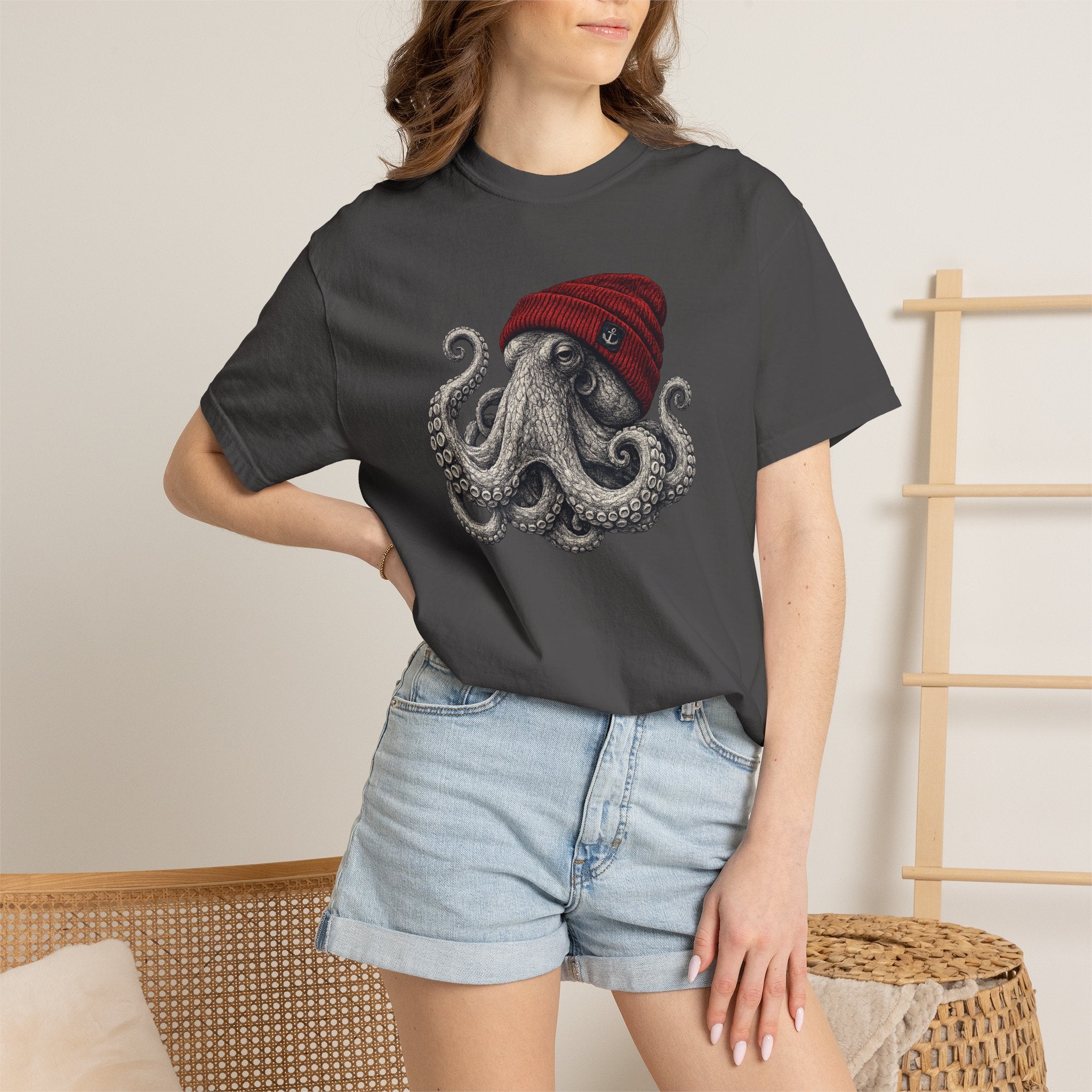 Octopus with Red Beanie T-shirt- Ocean Graphic Tshirt