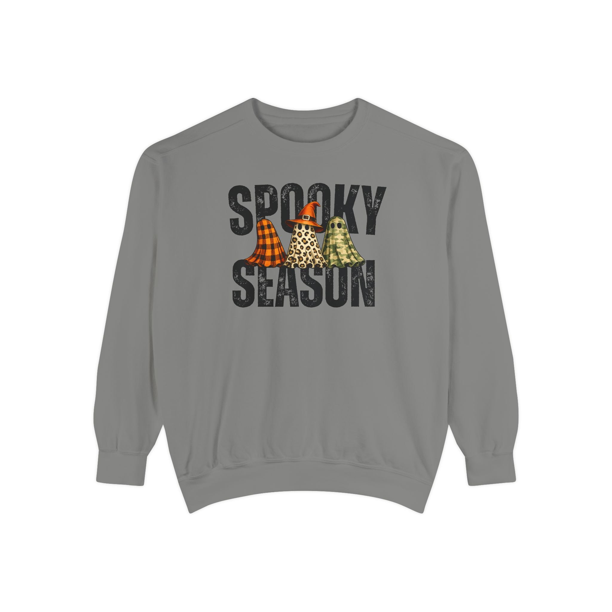 A gray crewneck sweatshirt featuring a 'Spooky Season' graphic on the chest with three cartoon ghosts wearing orange and black plaid, leopard print, and green plaid hats.